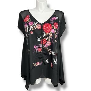 Torrid Womens Floral Print Chiffon Sharkbite Blouse Shirt Top Sheer Black Sz 2